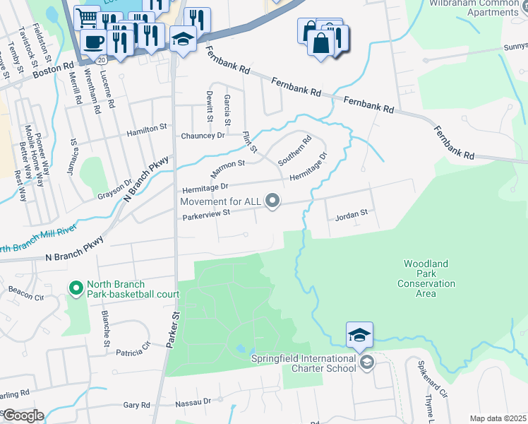 map of restaurants, bars, coffee shops, grocery stores, and more near 141 Parkerview Street in Springfield