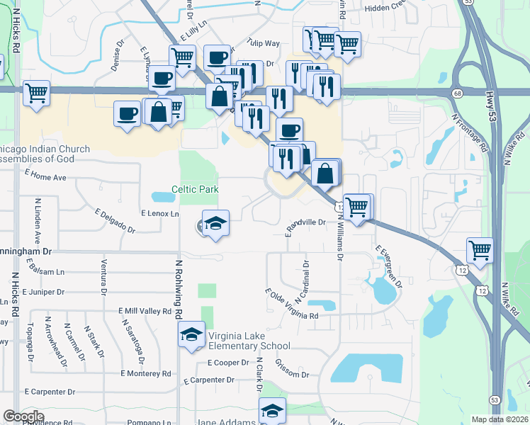 map of restaurants, bars, coffee shops, grocery stores, and more near 1249 North Winslowe Drive in Palatine
