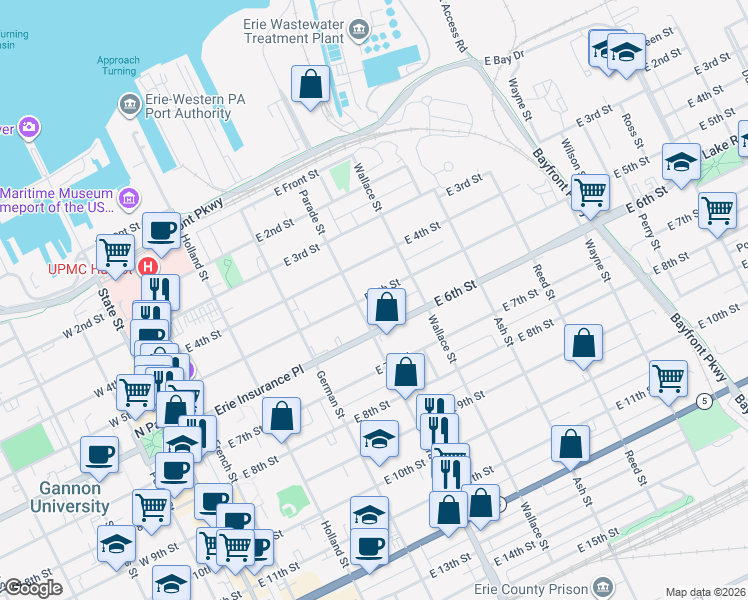 map of restaurants, bars, coffee shops, grocery stores, and more near 426 E 6th St in Erie