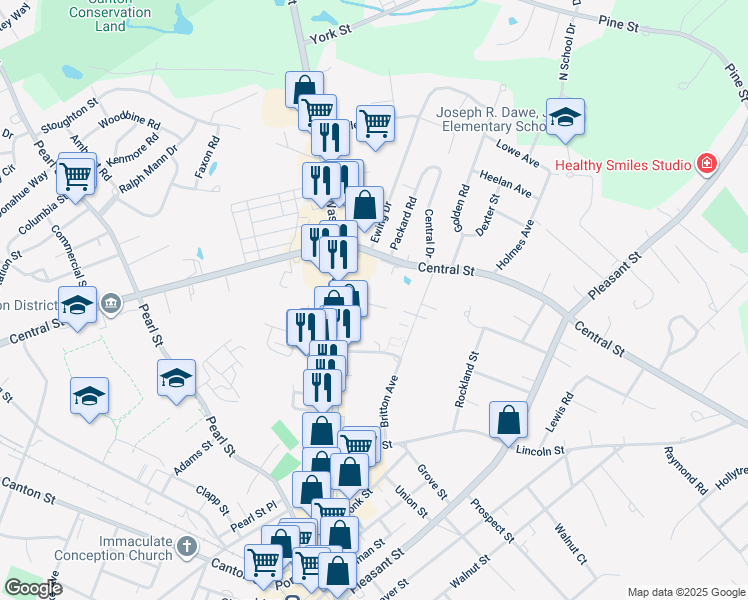 map of restaurants, bars, coffee shops, grocery stores, and more near 38 Phillips Avenue in Stoughton