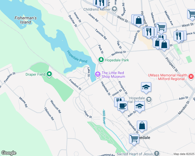 map of restaurants, bars, coffee shops, grocery stores, and more near 12 Hopedale Street in Hopedale