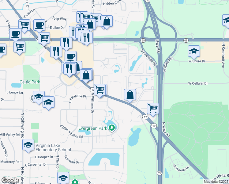 map of restaurants, bars, coffee shops, grocery stores, and more near 1341 East Ports O Call Drive in Palatine