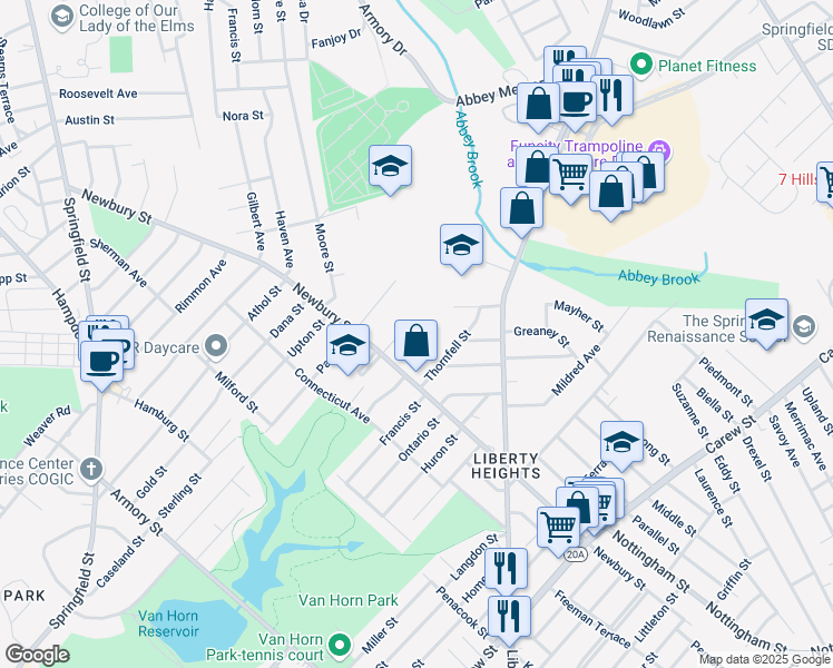map of restaurants, bars, coffee shops, grocery stores, and more near 687 Newbury Street in Springfield