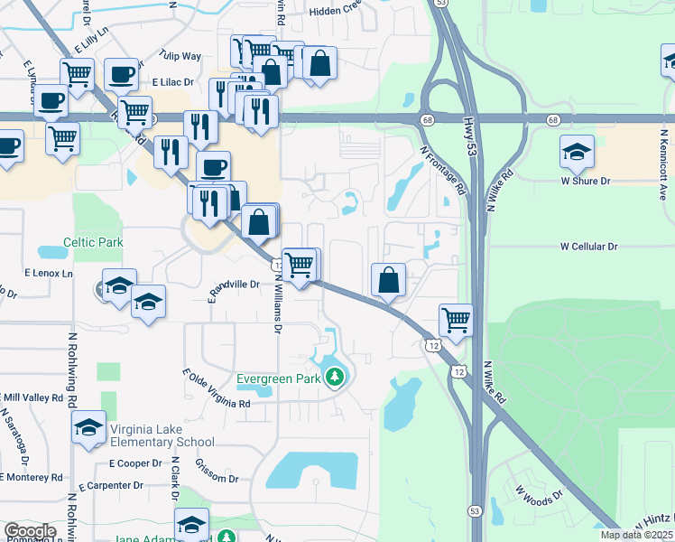 map of restaurants, bars, coffee shops, grocery stores, and more near 1302 East Ports O Call Drive in Palatine