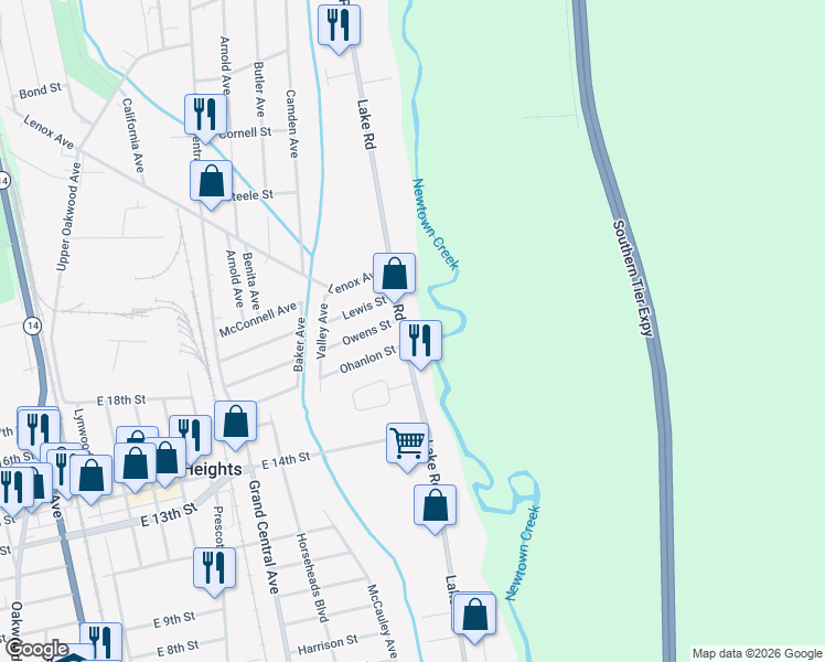 map of restaurants, bars, coffee shops, grocery stores, and more near 3028 Lake Road in Elmira