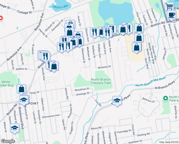 map of restaurants, bars, coffee shops, grocery stores, and more near 137 Glenwood Street in Springfield