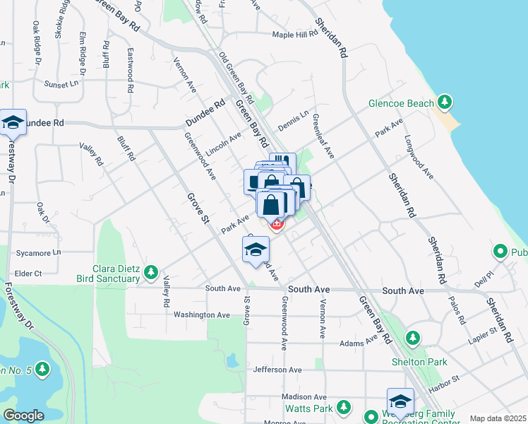 map of restaurants, bars, coffee shops, grocery stores, and more near 378 Park Avenue in Glencoe