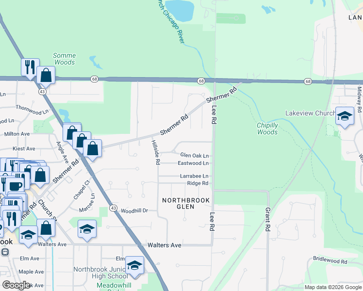 map of restaurants, bars, coffee shops, grocery stores, and more near 1334 Ridgewood Drive in Northbrook