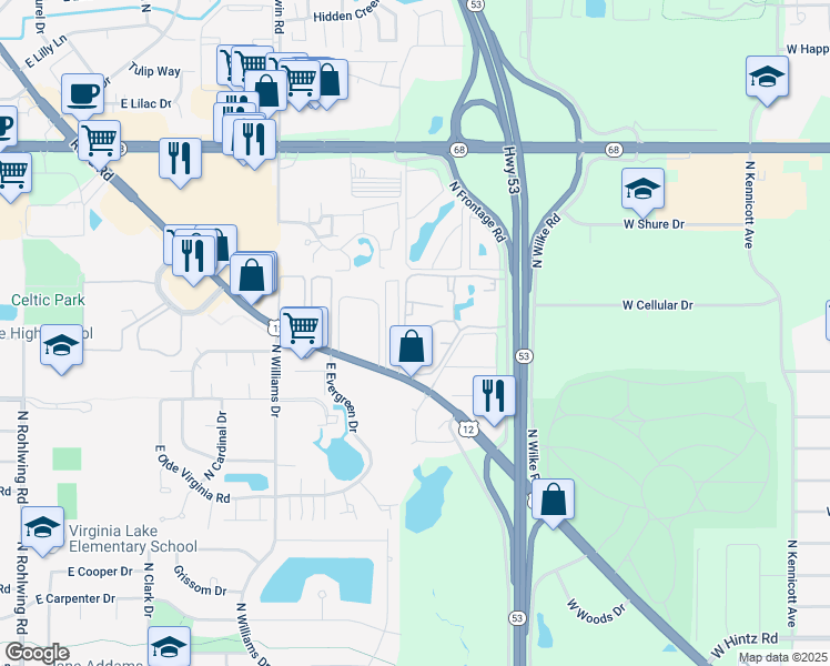 map of restaurants, bars, coffee shops, grocery stores, and more near 1019 Bayside Drive in Palatine