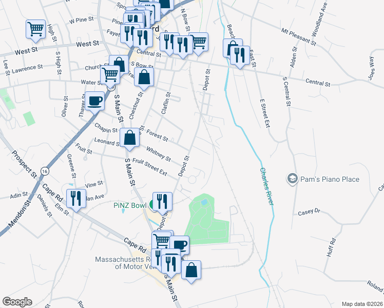 map of restaurants, bars, coffee shops, grocery stores, and more near 90 Depot Street in Milford