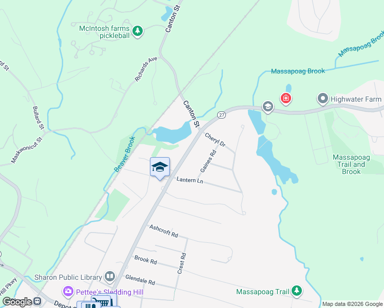 map of restaurants, bars, coffee shops, grocery stores, and more near 20 Gaines Road in Sharon