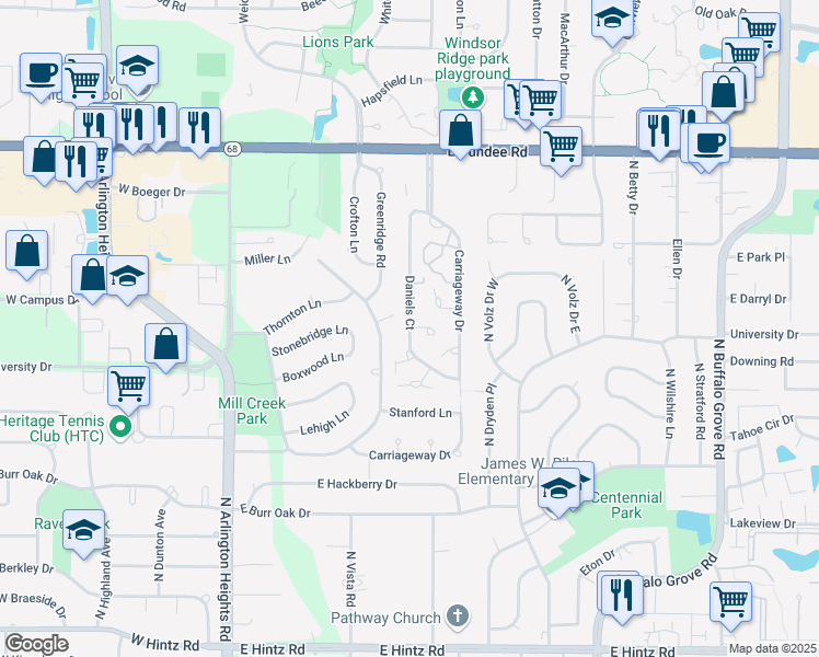 map of restaurants, bars, coffee shops, grocery stores, and more near 3399 Daniels Court in Arlington Heights