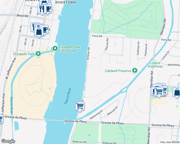 map of restaurants, bars, coffee shops, grocery stores, and more near 24001 West River Road in Grosse Ile Township