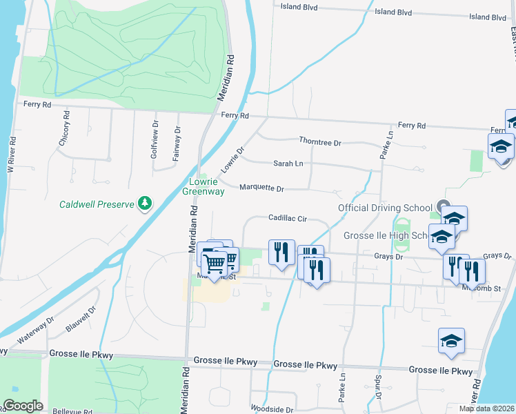 map of restaurants, bars, coffee shops, grocery stores, and more near 8675 Cadillac Circle in Grosse Ile Township