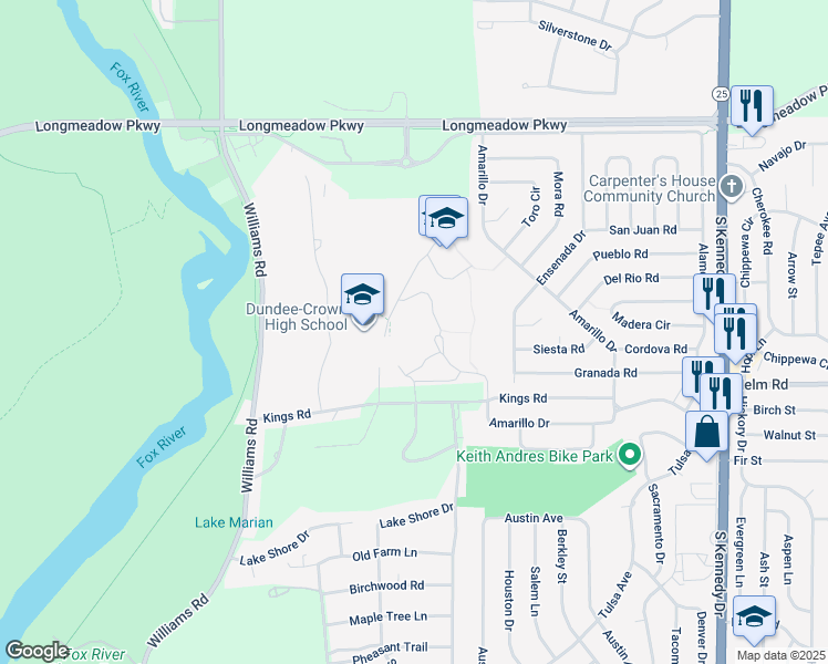 map of restaurants, bars, coffee shops, grocery stores, and more near 1500 Kings Road in Carpentersville