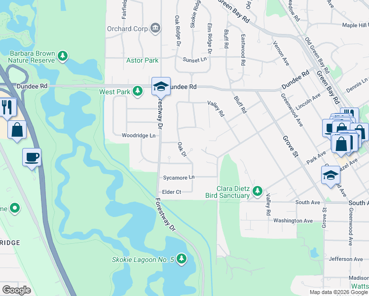 map of restaurants, bars, coffee shops, grocery stores, and more near 865 Peach Tree Lane in Glencoe