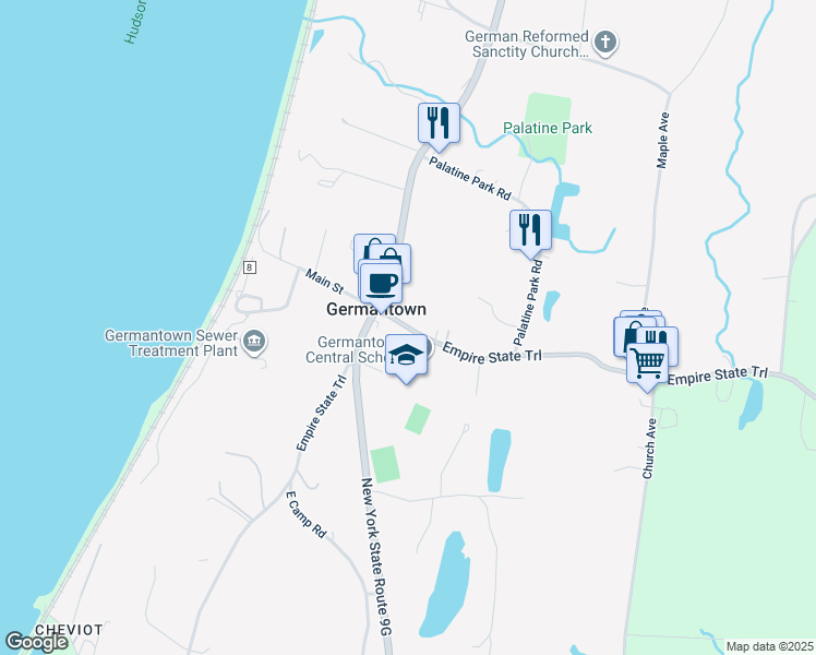 map of restaurants, bars, coffee shops, grocery stores, and more near 123 Main Street in Germantown