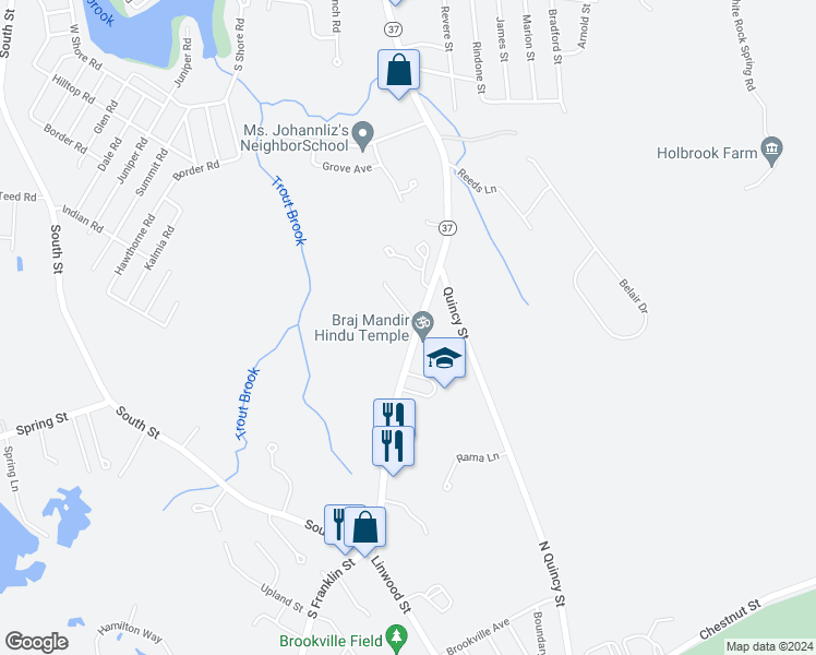 map of restaurants, bars, coffee shops, grocery stores, and more near 692 South Franklin Street in Holbrook