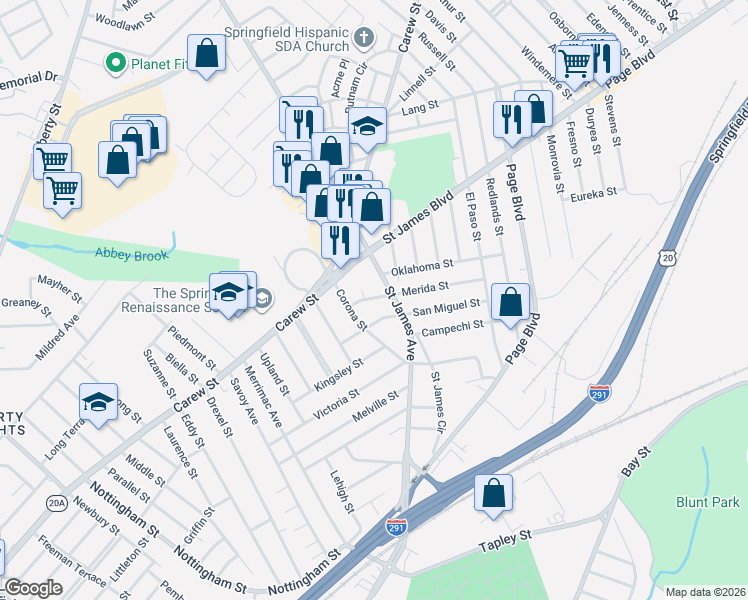map of restaurants, bars, coffee shops, grocery stores, and more near 10 San Miguel Street in Springfield