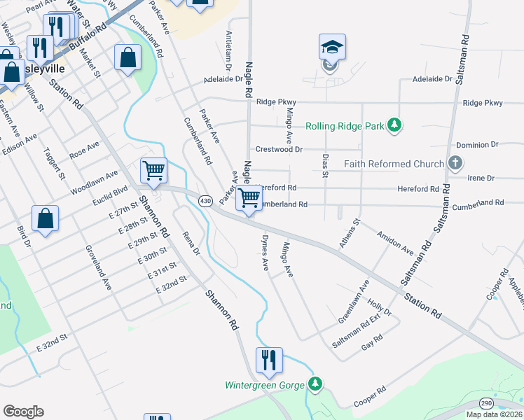 map of restaurants, bars, coffee shops, grocery stores, and more near 3608 Station Road in Erie