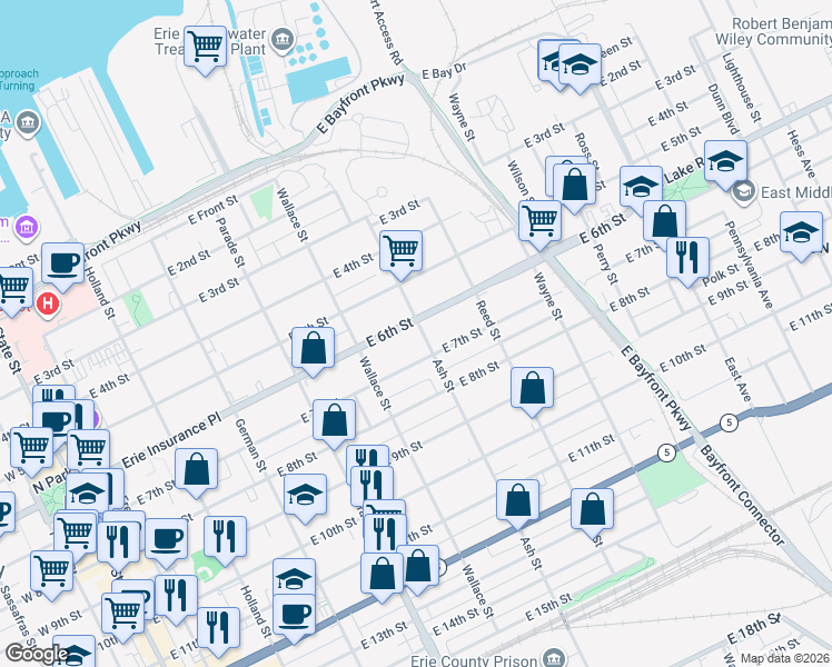 map of restaurants, bars, coffee shops, grocery stores, and more near 602 East 7th Street in Erie