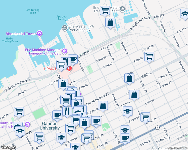 map of restaurants, bars, coffee shops, grocery stores, and more near 226 30 E 4 Street in Erie