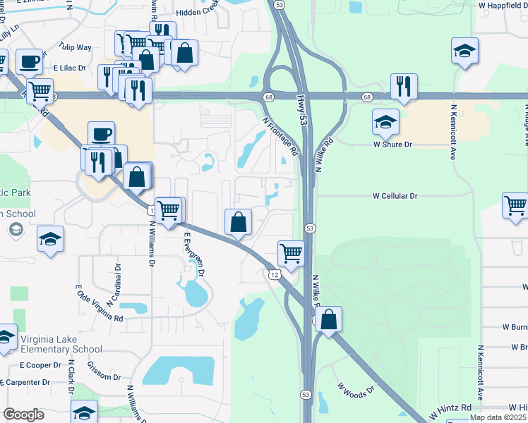 map of restaurants, bars, coffee shops, grocery stores, and more near 600 Bayside Drive in Palatine