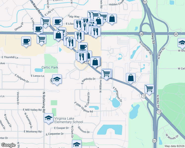 map of restaurants, bars, coffee shops, grocery stores, and more near 1150 East Randville Drive in Palatine
