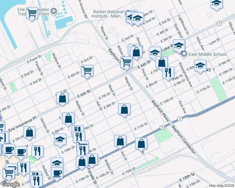 map of restaurants, bars, coffee shops, grocery stores, and more near 723 Reed St in Erie