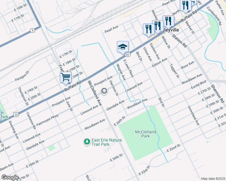 map of restaurants, bars, coffee shops, grocery stores, and more near 2400-2414 Linwood Avenue in Erie