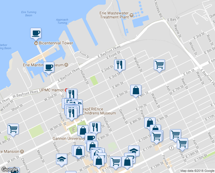 map of restaurants, bars, coffee shops, grocery stores, and more near 322 German Street in Erie