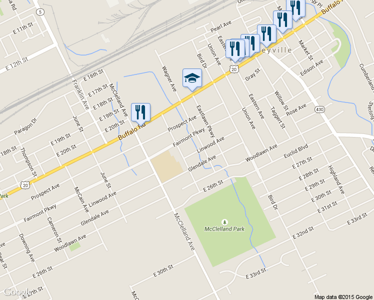 map of restaurants, bars, coffee shops, grocery stores, and more near 2414 Linwood Ave in Erie
