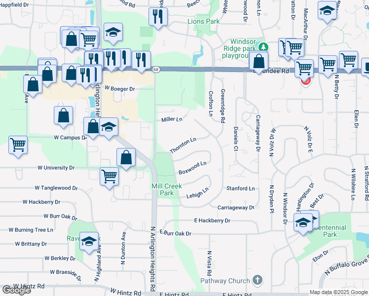 map of restaurants, bars, coffee shops, grocery stores, and more near 890 Boxwood Lane in Buffalo Grove