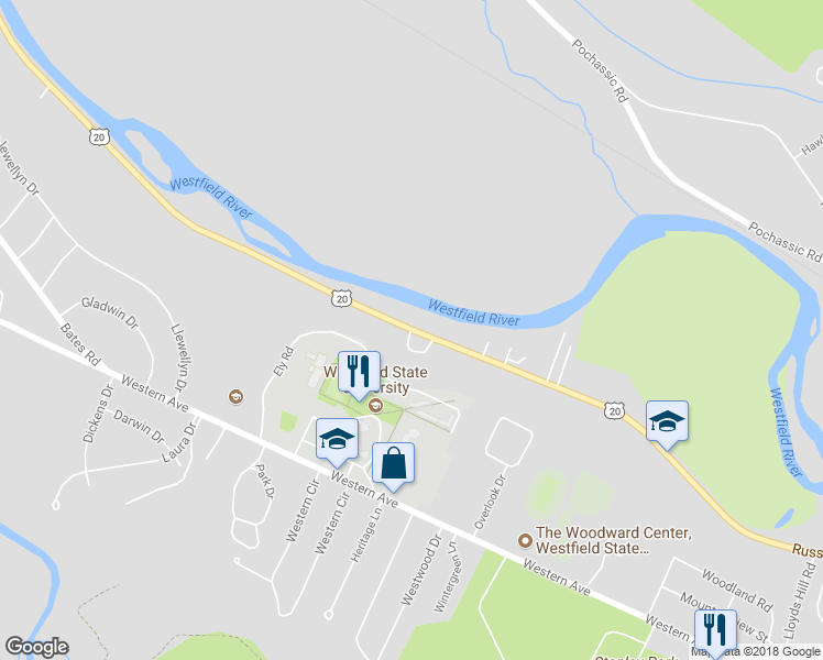 map of restaurants, bars, coffee shops, grocery stores, and more near 718 Russell Road in Westfield