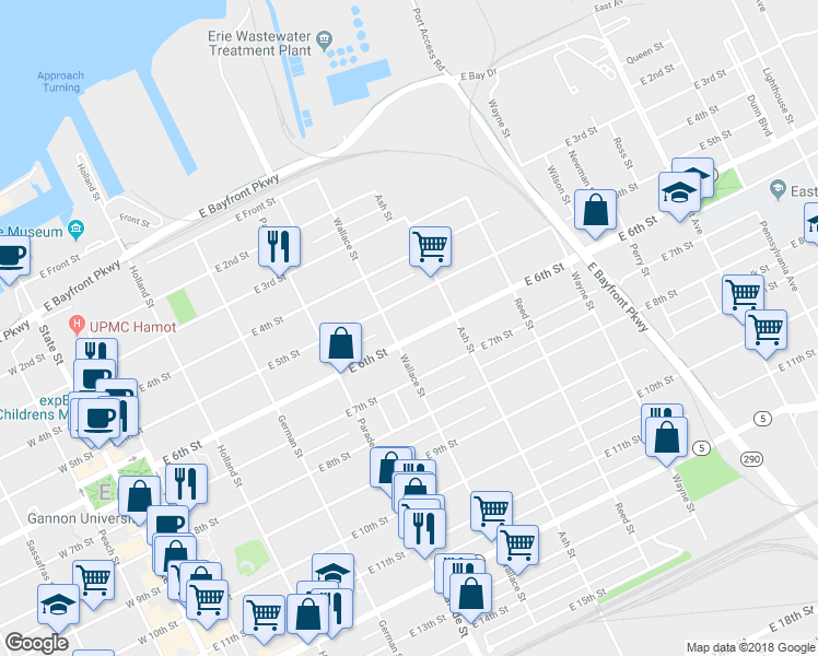 map of restaurants, bars, coffee shops, grocery stores, and more near in Erie