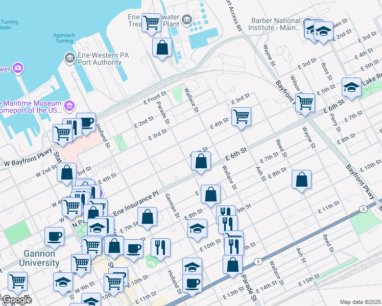 map of restaurants, bars, coffee shops, grocery stores, and more near 502 Parade Street in Erie