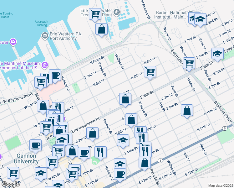 map of restaurants, bars, coffee shops, grocery stores, and more near 502 Parade Street in Erie