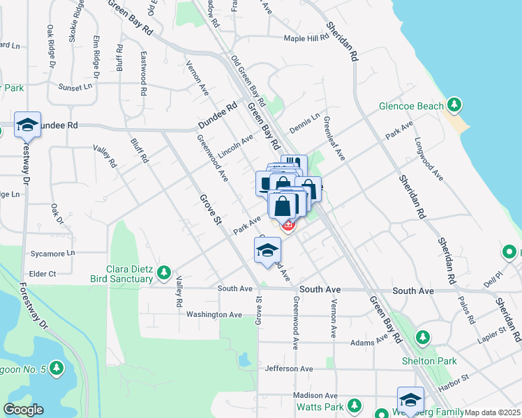 map of restaurants, bars, coffee shops, grocery stores, and more near 378 Park Avenue in Glencoe