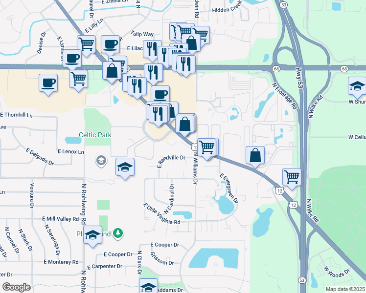 map of restaurants, bars, coffee shops, grocery stores, and more near 1150 East Randville Drive in Palatine