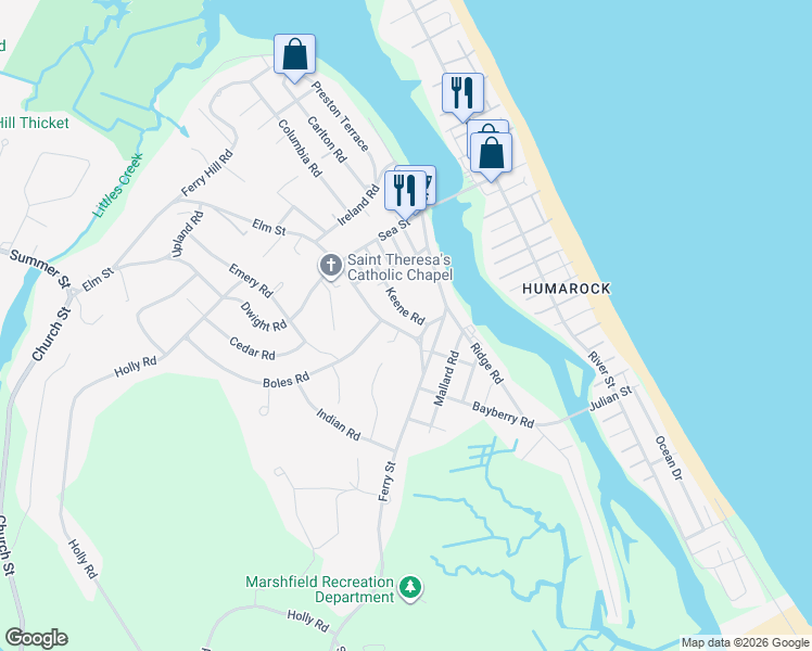 map of restaurants, bars, coffee shops, grocery stores, and more near 14 Elm St in Marshfield
