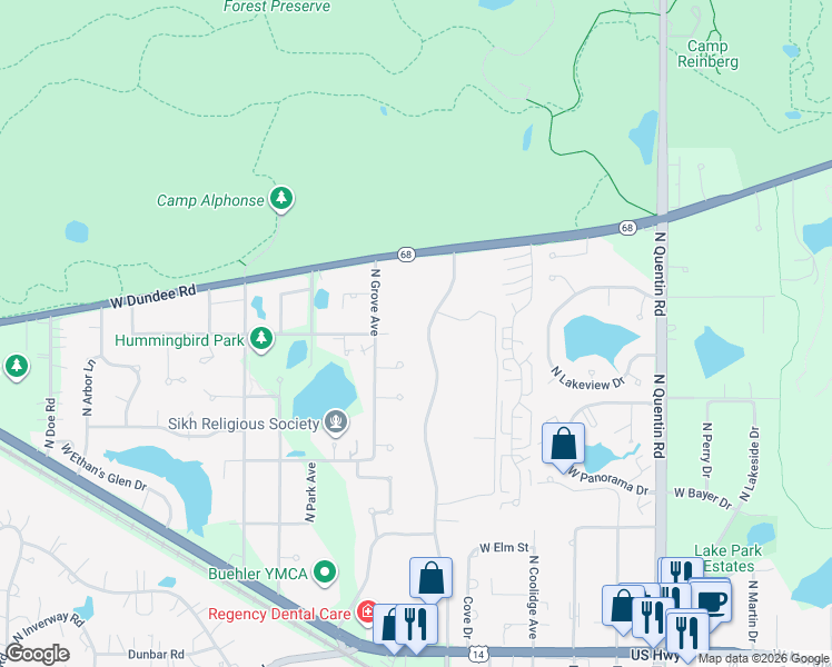 map of restaurants, bars, coffee shops, grocery stores, and more near 1270 North Sterling Avenue in Palatine
