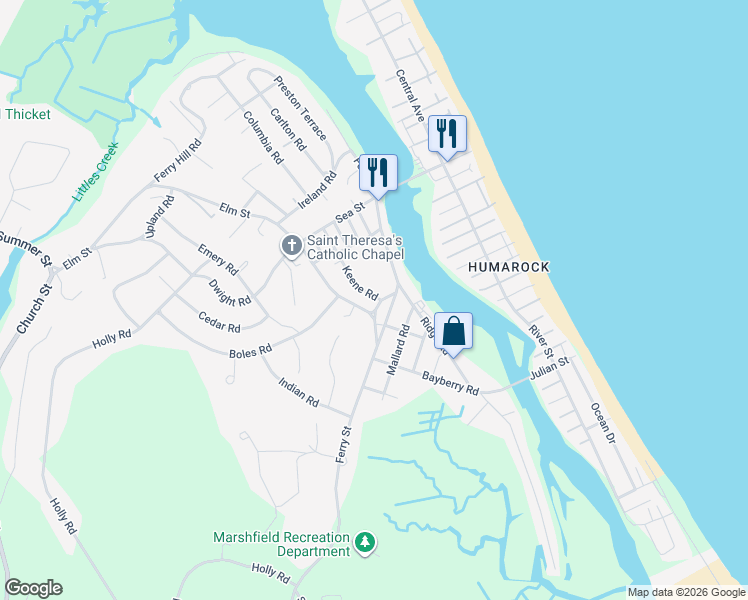 map of restaurants, bars, coffee shops, grocery stores, and more near 14 Elm Street in Marshfield