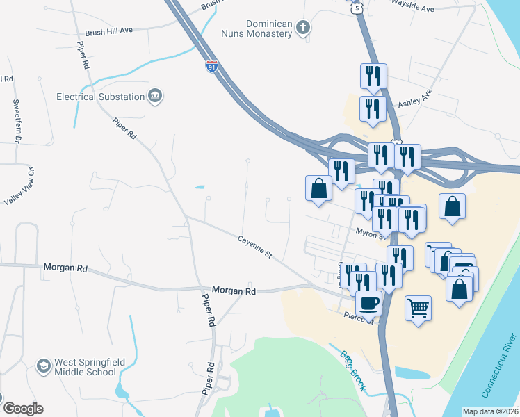 map of restaurants, bars, coffee shops, grocery stores, and more near 43 Skyline Drive in West Springfield