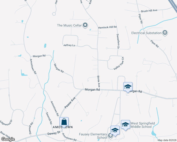 map of restaurants, bars, coffee shops, grocery stores, and more near 32 Carriage Lane in West Springfield