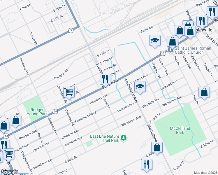 map of restaurants, bars, coffee shops, grocery stores, and more near 2203 Prospect Avenue in Erie