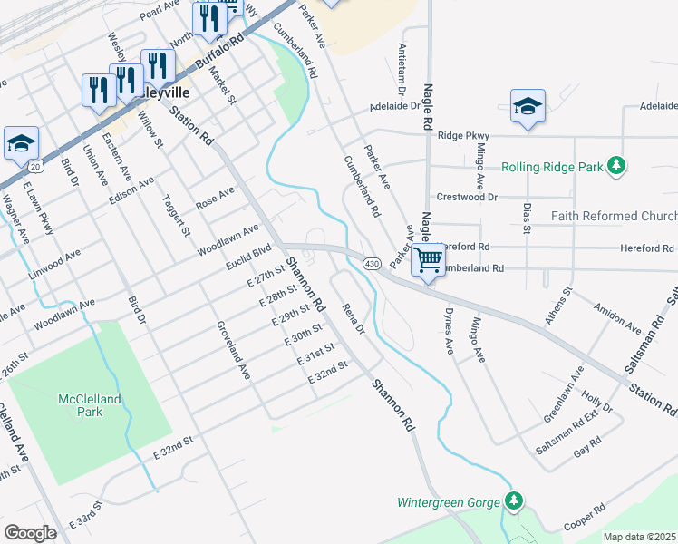 map of restaurants, bars, coffee shops, grocery stores, and more near 2600 Dinicola Drive in Erie