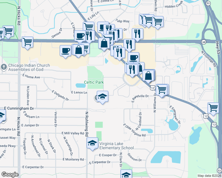 map of restaurants, bars, coffee shops, grocery stores, and more near 1319 North Winslowe Drive in Palatine