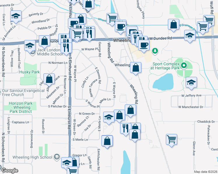 map of restaurants, bars, coffee shops, grocery stores, and more near 607 Bridget Place in Wheeling