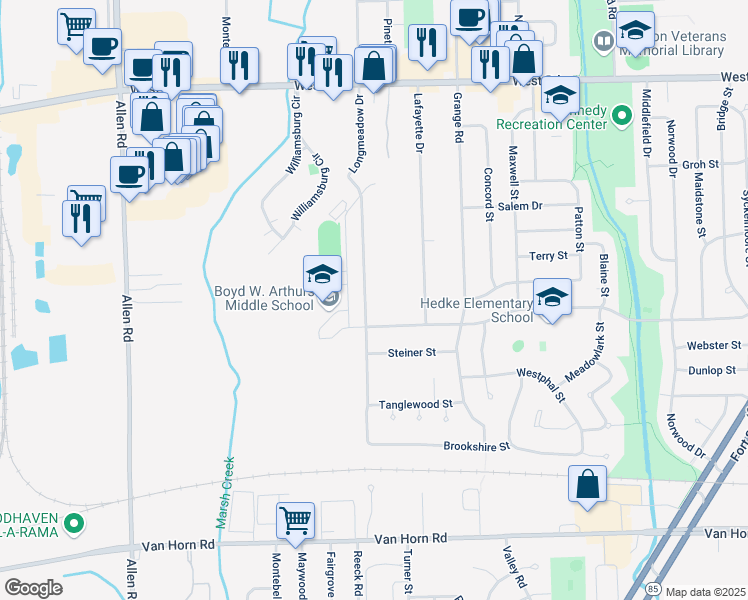 map of restaurants, bars, coffee shops, grocery stores, and more near 3890 Marian Drive in Trenton