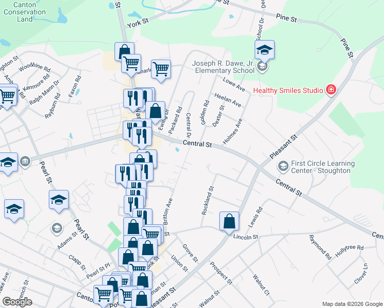 map of restaurants, bars, coffee shops, grocery stores, and more near 189 Britton Avenue in Stoughton